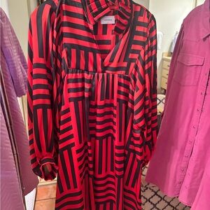 Adrienne Red and Black Geometric Long-Sleeve Midi Dress